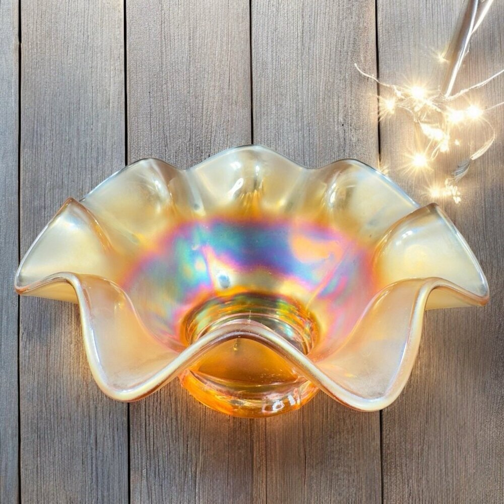 Carnival‎ Glass Iridescent Marigold Bonbon Compote Dish Footed Bowl Glass VTG